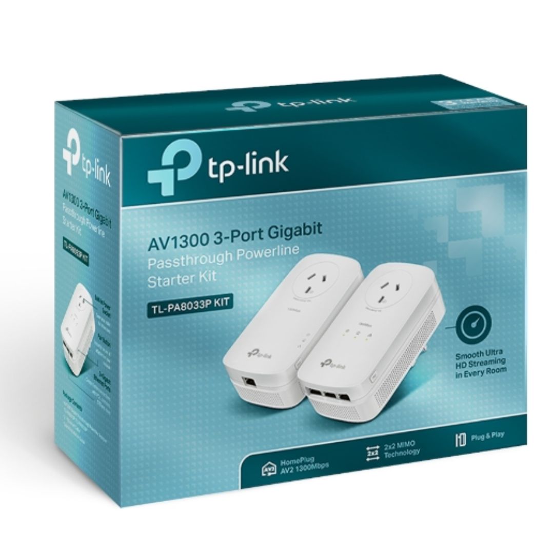 TP-Link TL-PA8033P KIT AV1300 Passthrough Powerline KIT, Qualcomm, 3 Gigabit Ports, 1300Mbps Powerline, 2*2 MIMO,  HomePlug AV2, New PLC Utility, Twin - Image 1