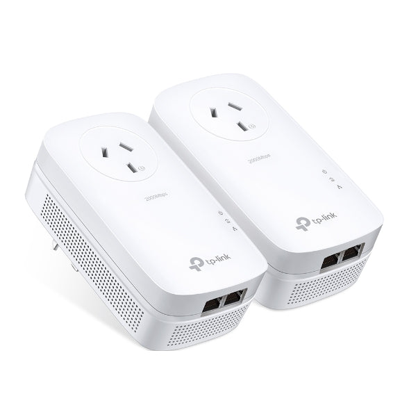 TP-Link TL-PA9020P KIT AV2000 2-Port Gigabit Passthrough Powerline Starter Kit, HomePlug AV2, Up To 2000Mbps, 2X2 MIMO With Beamforming, Plug and Play