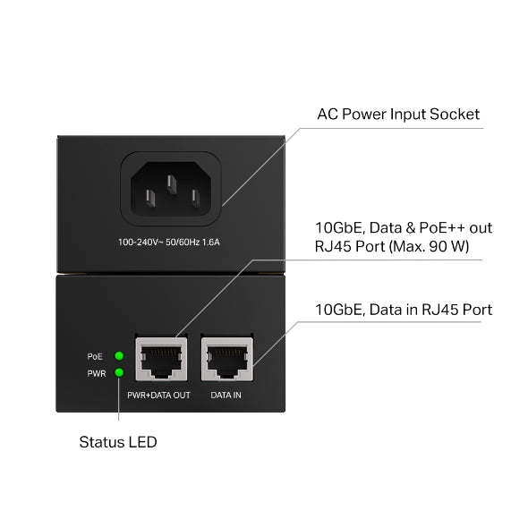 TP-Link POE380S Omada 10G PoE++ Injector PORT: 1× 10Gbps PoE Port, 1× 10Gbps Non-PoE Port, SPEC: 802.3bt/at/af Compliant, 90 W PoE Power, Data and Pow - Image 4