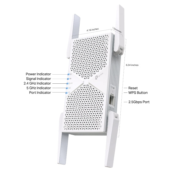 TP-Link RE405BE BE6500 Dual-Band Wi-Fi 7 Range Extender with BE6500 speeds, MLO, 160MHz, 4× antennas, EasyMesh, and 2.5G Ethernet port - Image 2