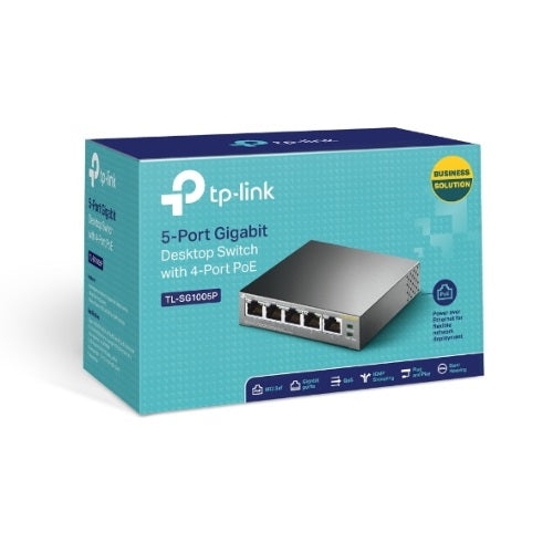 TP-Link TL-SG1005P 5-Port Gigabit Desktop Switch with 4-Port PoE, 5 Gigabit RJ45 ports including 4 PoE ports, 56W PoE Power supply, steel case - Image 5