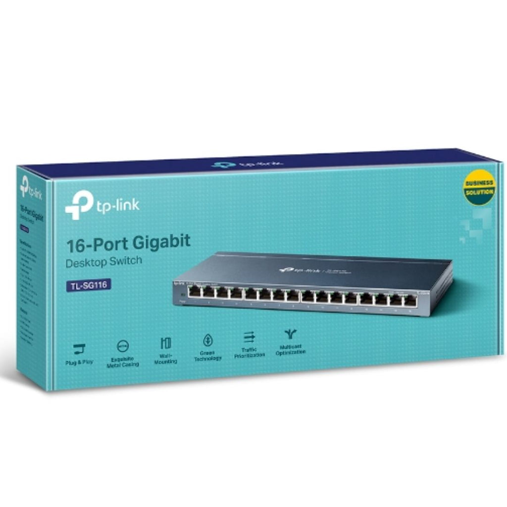 TP-Link TL-SG116 16-Port Gigabit Unmanaged Desktop/Wall Mounting Switch 32Gbps Capacity 23.81Mpps 8K MAC 4.1Mb Buffer Fanless - Image 1