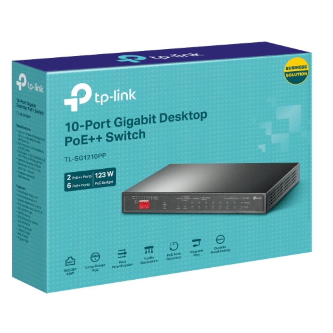TP-Link TL-SG1210PP 10-Port Gigabit Desktop Switch with 6-Port PoE+ and 2-Port PoE++ , 9× 10/100/1000Mbps RJ45 Ports, 1× 1000Mbps Combo SFP/RJ45 Port - Image 1