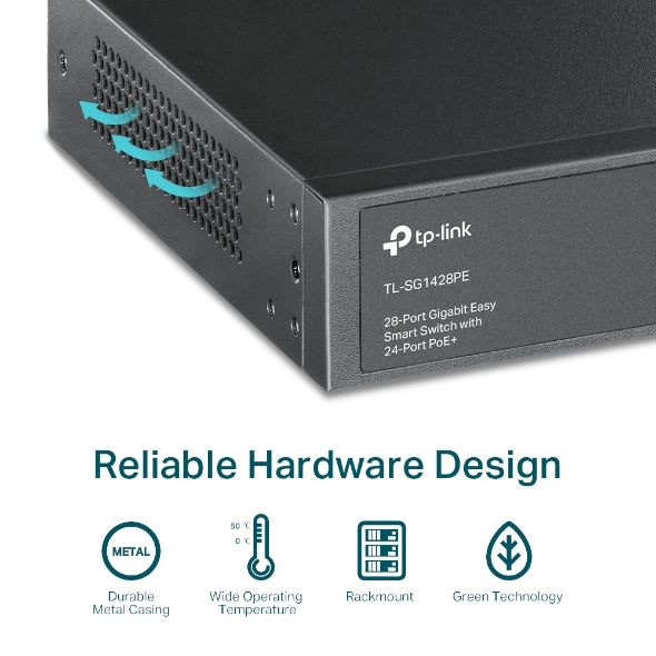 TP-Link TL-SG1428PE 28-Port Gigabit Easy Smart Switch with 24-Port PoE+ 32xVLAN 56Gbps Switching Capacity Rack Mountable - Image 3