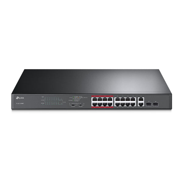 (E)TP-Link TL-SL1218MP 16-Port 10/100Mbps PoE+ Switch, 16 10/100Mbps RJ45 Ports, 2 Gigabit RJ45 Ports, 2 Combo SFP Slots, 802.3at/af, 192W PoE Power, - Image 1