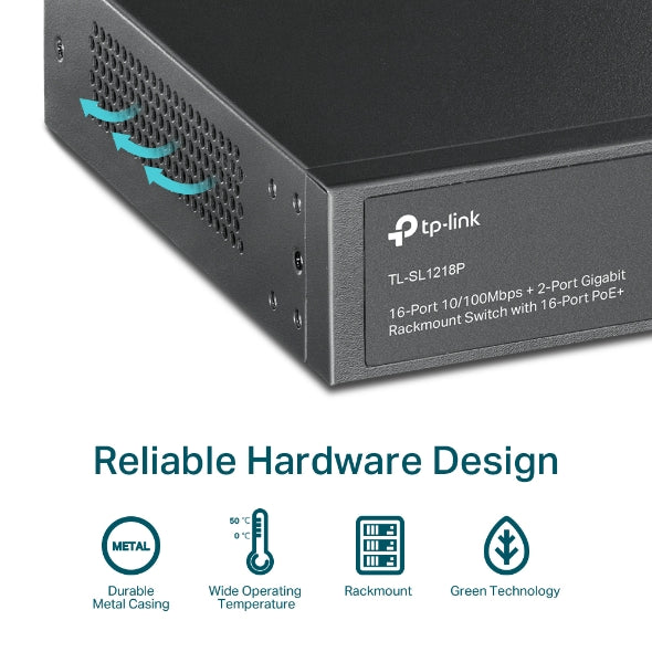 TP-Link TL-SL1218P 16-Port 10/100 Mbps + 2-Port Gigabit Rackmount Switch with 16-Port PoE+, Up to 150W for all PoE ports, Up to 30W for each PoE port - Image 3