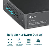 TP-Link TL-SL1218P 16-Port 10/100 Mbps + 2-Port Gigabit Rackmount Switch with 16-Port PoE+, Up to 150W for all PoE ports, Up to 30W for each PoE port - Image 3