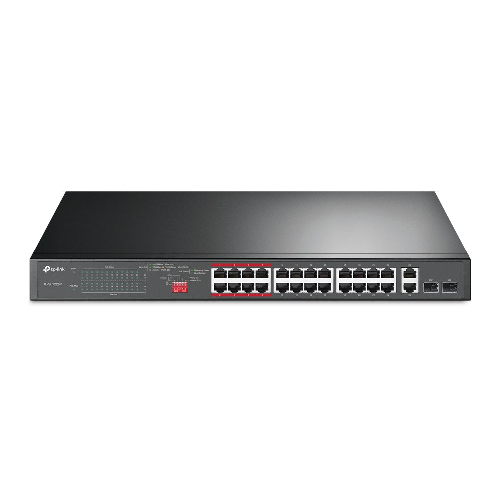 TP-Link TL-SL1226P 24-Port 10/100Mbps + 2-Port Gigabit Unmanaged PoE+ Switch , Up To 250W For all PoE Ports, Up To 30W Each PoE Port - Image 1