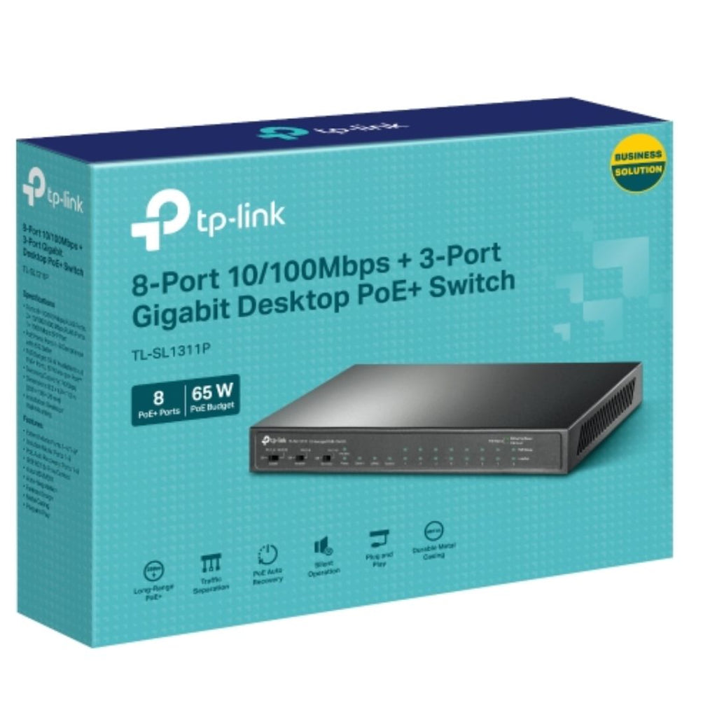 TP-Link TL-SL1311P 8-Port 10/100Mbps + 3-Port Gigabit Desktop Switch with 8-Port PoE+, Extend Mode for 250m PoE Transmitting, Isolation Mode, PoE Aut - Image 1
