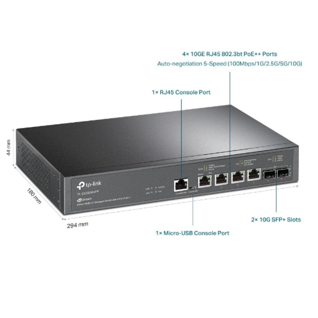 TP-Link SX3206HPP Omada JetStream 6-Port 10GE L2+ Managed Switch with 4-Port PoE++, 4× 10G PoE++ Ports, 2× 10G SFP+ Slots, RJ45/Micro-USB Console Port - Image 2