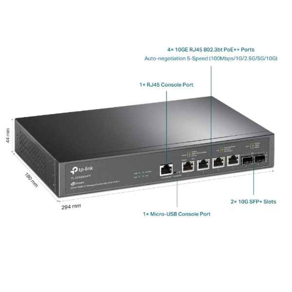 TP-Link SX3206HPP Omada JetStream 6-Port 10GE L2+ Managed Switch with 4-Port PoE++, 4× 10G PoE++ Ports, 2× 10G SFP+ Slots, RJ45/Micro-USB Console Port