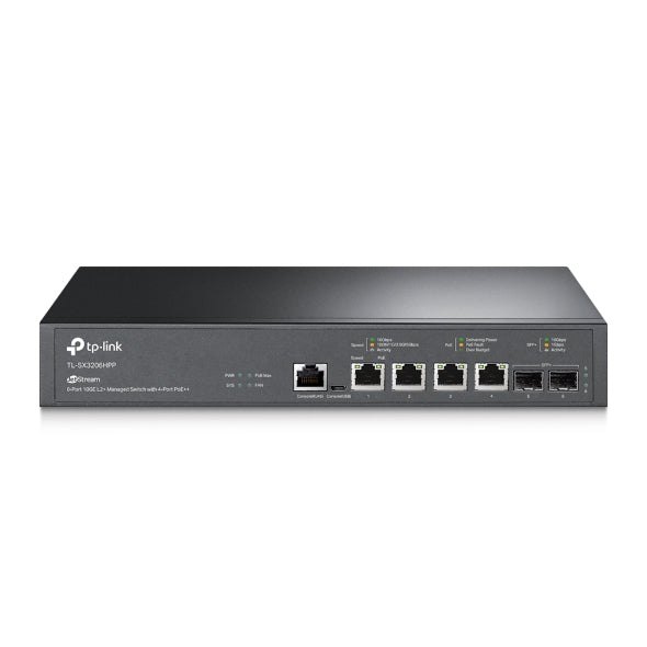 TP-Link SX3206HPP Omada JetStream 6-Port 10GE L2+ Managed Switch with 4-Port PoE++, 4× 10G PoE++ Ports, 2× 10G SFP+ Slots, RJ45/Micro-USB Console Port - Image 1