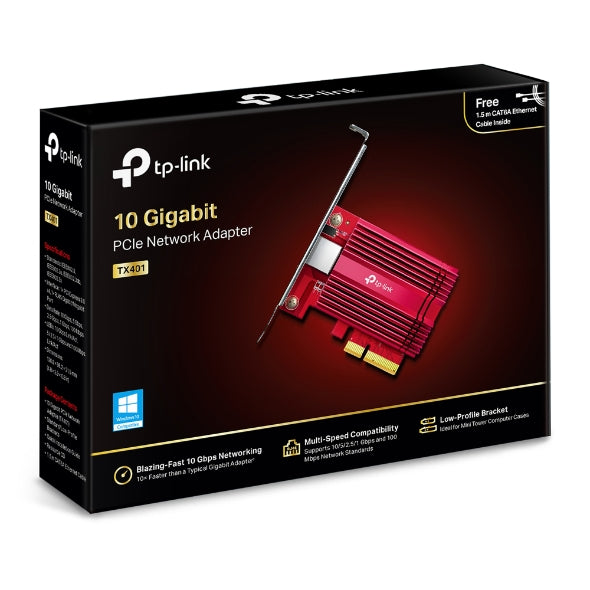 TP-Link TX401 10G 10 Gigabit PCI Express Network Adapter Low-Profile & Full-Height Brackets 1× PCI Express 3.0 x4, 1× RJ45 Gigabit/Megabit Port (NIC) - Image 1