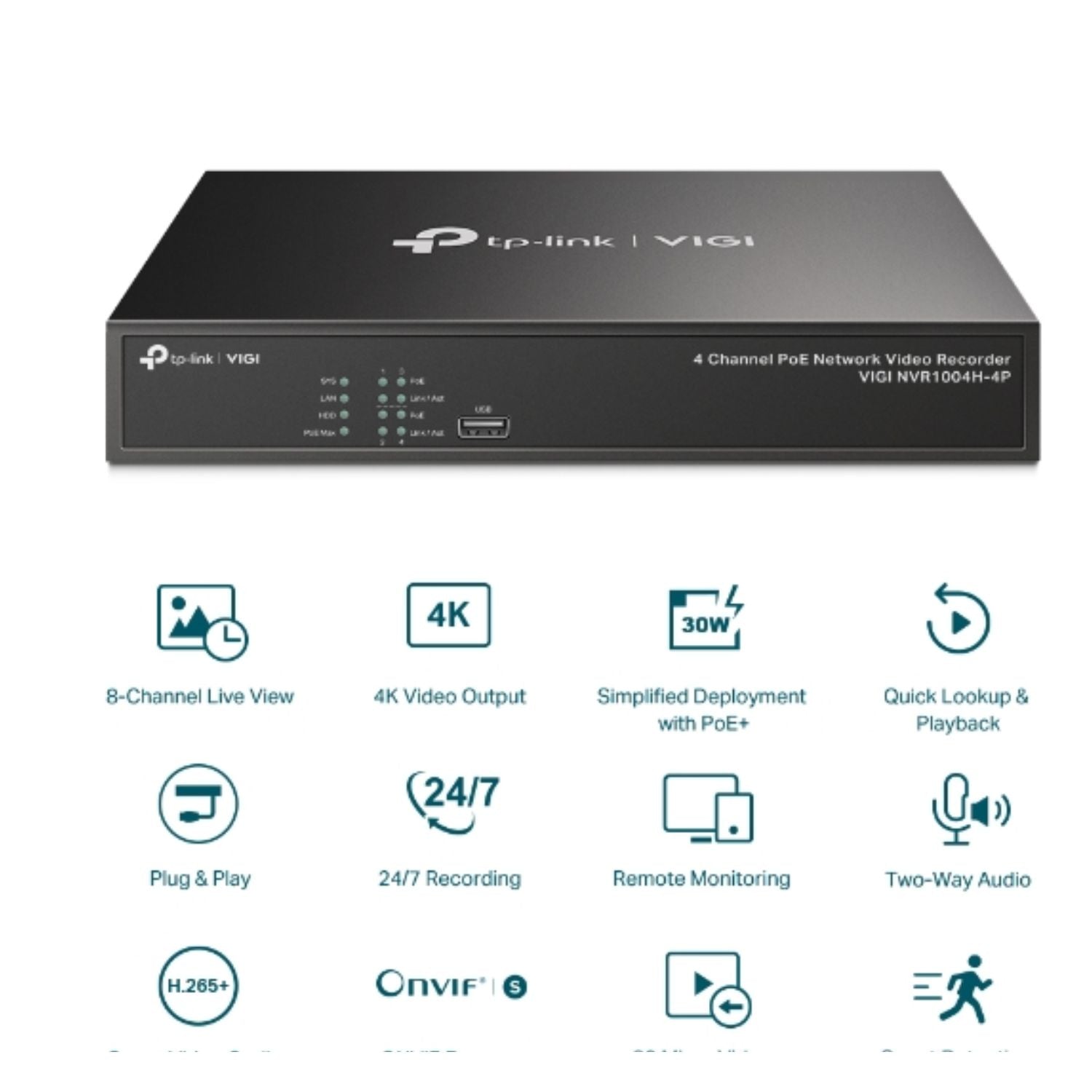 TP-Link VIGI NVR1004H-4P 4 Channel PoE+ Network Video Recorder, 24/7 Continuous Recording, 4K HDMI Video Output & 16MP Decoding (HDD Not Included) - Image 3