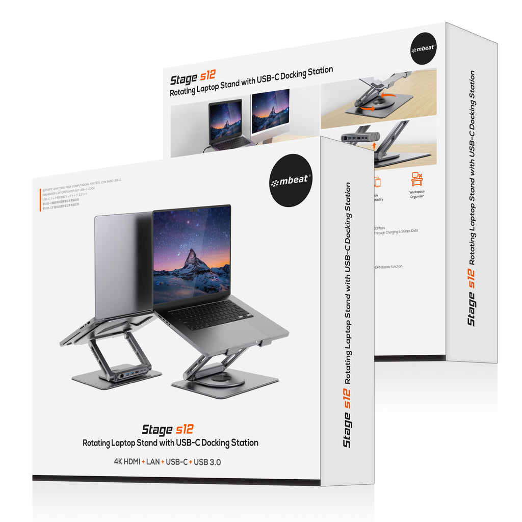 mbeat® Stage S12 Rotating Laptop Stand with USB-C Docking Station Flexible Ergonomic Design USB-C HDMI RJ45 1000Mbps - Image 4