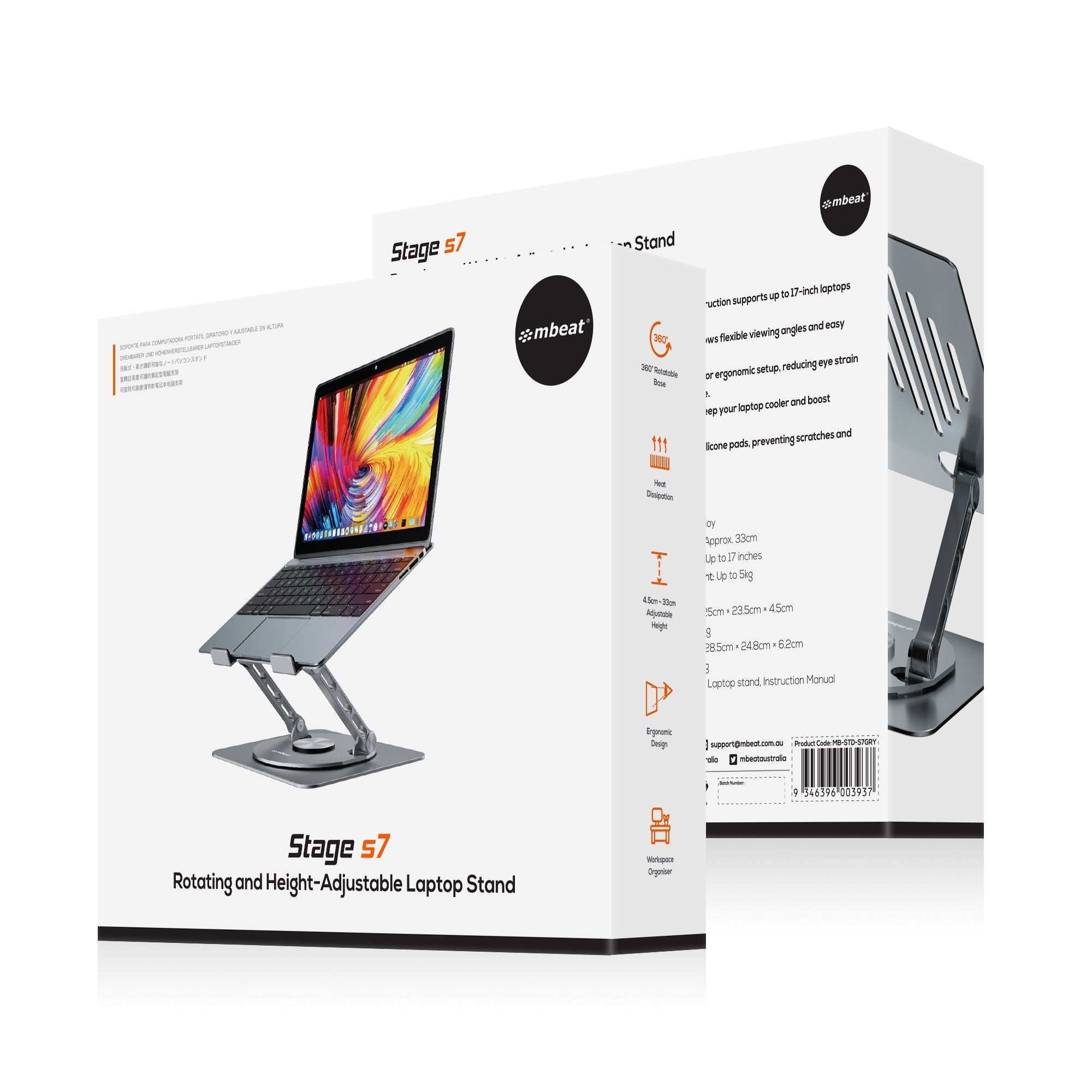 mbeat® Stage S7 Rotating and Height-Adjustable Laptop Stand - Space Grey Material: Aluminium alloy Package Weight: 1.07kg - Image 4