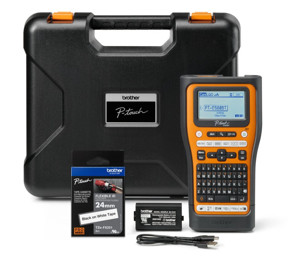 Brother PT-E560BTVP Industrial Handheld Label Printer  - 3 Year Warranty, included Carry case, Rechargeable Li-Ion battery,1xTZE-FX241 and USB-A Cable - Image 1