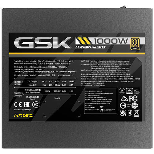 Antec GSK1000 AU, ATX 12V 3.1, 1000W, Full-Modular, 80 Plus Gold, 120mm FDB fan, 100–240V, OCP/OVP/UVP/SCP/OPP/OTP/SIP/NLO protection, 10yr wty - Image 4