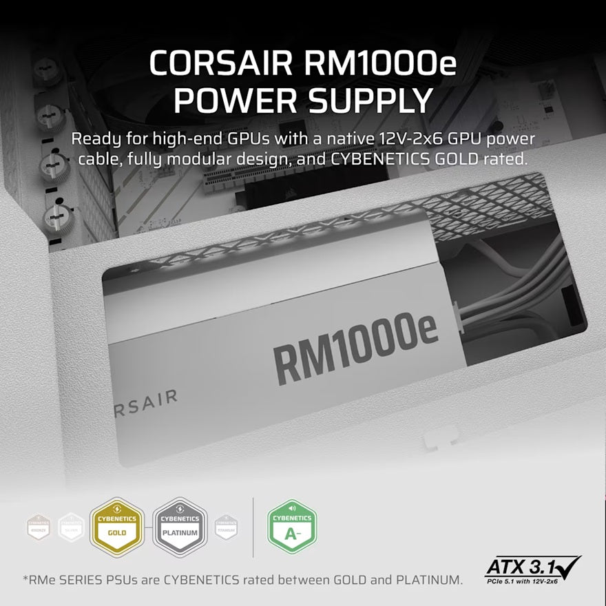 Corsair RMe Series™ RM1000e - Fully Modular Low-Noise ATX Power Supply - White (AU), Cybenetics Gold, ATX12V 3.1, 2x PATA, 2x EPS, 6x SATA, 3x PCIe - Image 2