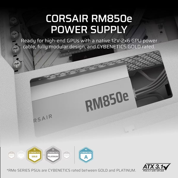 Corsair RMe Series™ RM850e - Fully Modular Low-Noise ATX Power Supply - White (AU), Cybenetics Gold, ATX12V 3.1, 2x PATA, 2x EPS, 6x SATA, 3x PCIe