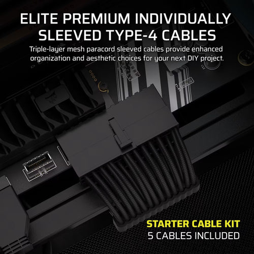 For Corsair PSU - Elite Premium Individually Sleeved Type-4 PSU Cables Starter Kit - Black - Image 2