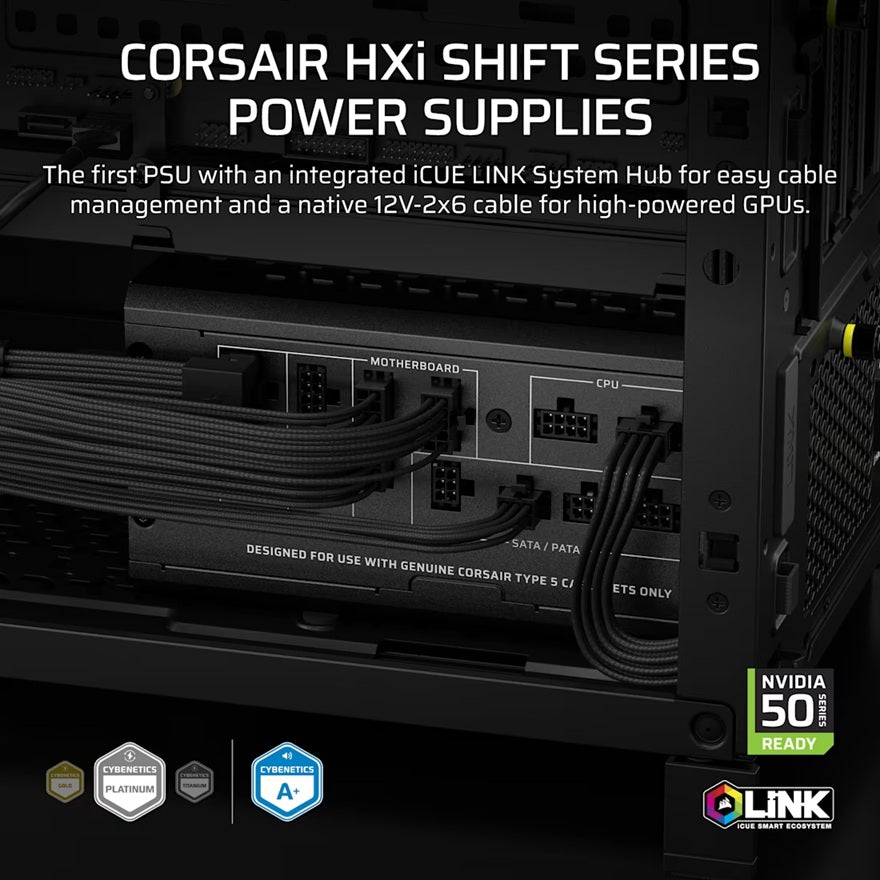 Corsair HX1000i SHIFT Fully Modular Platinum ATX Power Supply, ATX 3.1, 8x PATA, 2x EPS, 8x SATA, 4x PCIe, DSP, fully modular, 140mm FDB fan, 10yr WTY - Image 3