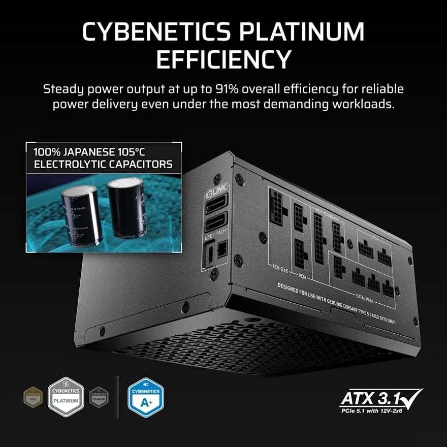 Corsair HX1000i SHIFT Fully Modular Platinum ATX Power Supply, ATX 3.1, 8x PATA, 2x EPS, 8x SATA, 4x PCIe, DSP, fully modular, 140mm FDB fan, 10yr WTY - Image 4