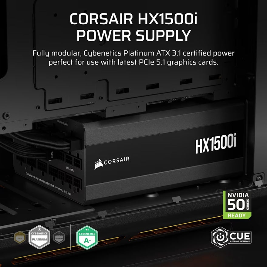 Corsair HX1500i Fully Modular Ultra-Low Noise Platinum ATX 1200 Watt PC Power Supply (AU), ATX12V 3.1, 6x PATA, 2x EPS, 8x SATA, 5x PCIe, Type4 Cable - Image 3