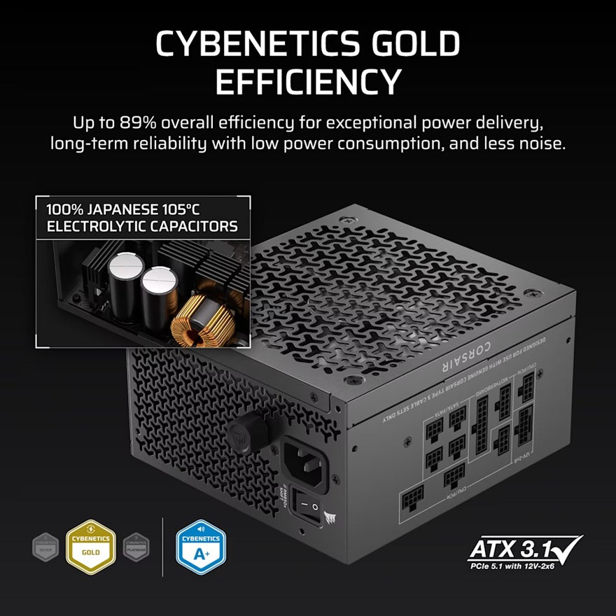 Corsair RM1000x SHIFT Fully Modular ATX Power Supply (AU), 1000W, ATX 3.1, Gold efficiency, FDB 140mm fan, fully modular, zero RPM, 10yr warranty - Image 4
