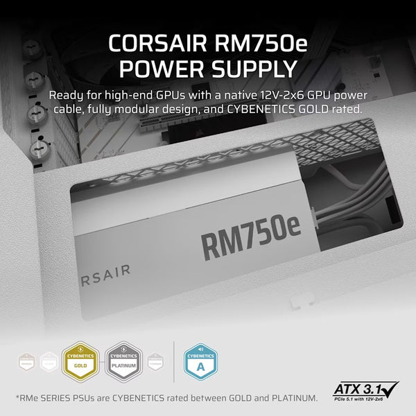 Corsair RMe Series™ RM750e - Fully Modular Low-Noise ATX Power Supply - White (AU), Cybenetics Gold, ATX12V 3.1, 2x PATA, 2x EPS, 6x SATA, 3x PCIe