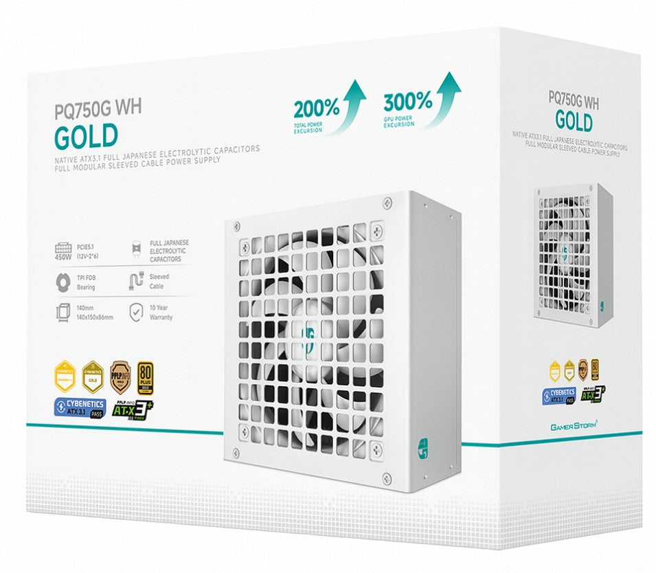 DeepCool PQ750G WH 750W Gamer Storm 80+ Gold/Cybenetics Fully Modular ATX Power Supply 120mm Fan, Japanese Capacitors, DC to DC, ATX12V V3.1 - Image 1