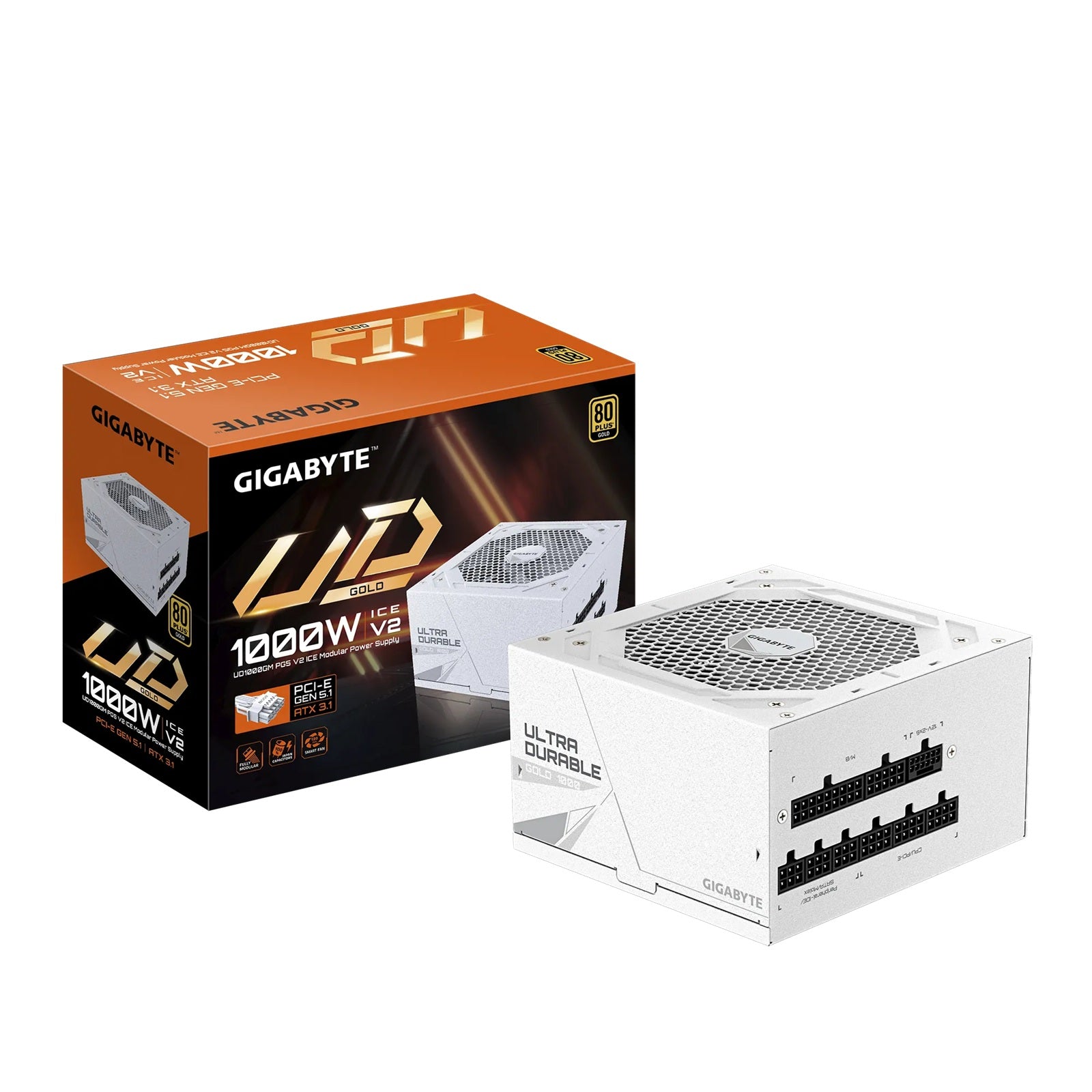 Gigabyte UD1000GM PG5 ICE 1000W ATX PSU Power Supply  80+ Gold >90% 120mm Fan Black Flat Cables Single +12V   >100K Hrs - Image 1
