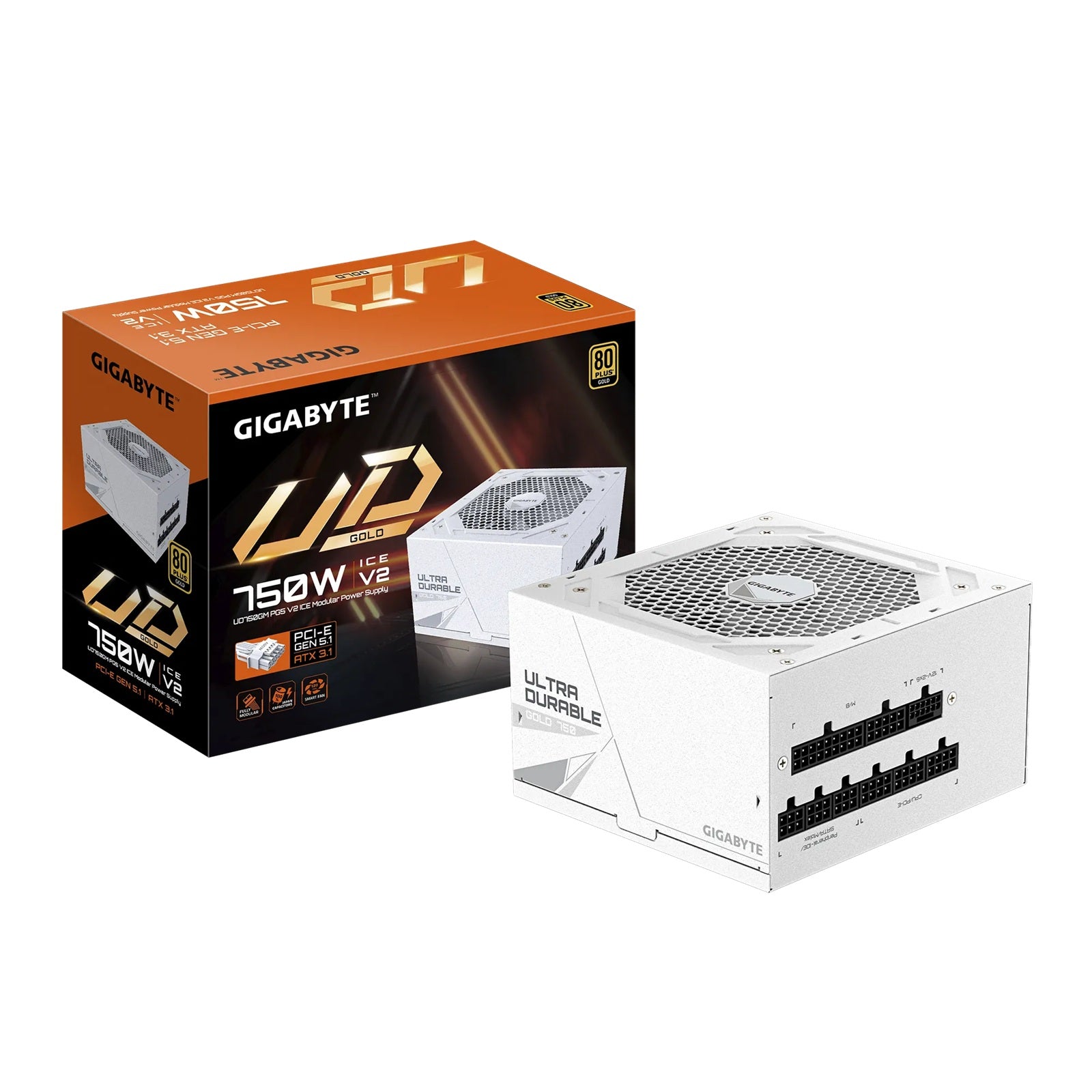 Gigabyte UD750GM ICE PG5 750W ATX PSU Power Supply  80+ Gold >90%  Black Flat Cables Single +12V Rail Japanese  >100K Hrs (NEW) - Image 1