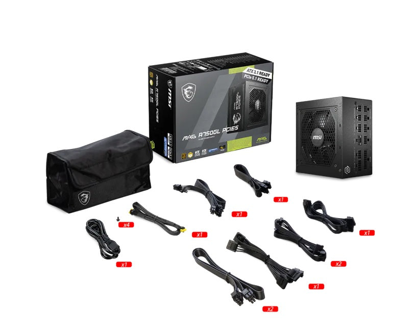 MSI MAG A750GL PCIE5 II Bulk – 750W ATX 3.1, 80+ Gold, full modular, PCIe 5.0 16-pin, 3x PCIe 6+2, 8x SATA, FDB fan, OCP/OVP/OPP/OTP/SCP/UVP, 120mm - Image 4