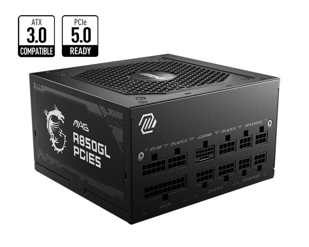 MSI MAG A850GL PCIE5 850W Up to 90% (80 Plus Gold) ATX Power Supply Unit, PFC, 100~240 VAC, 850W, 47-63Hz, PCI-E, SATA, FDD - Image 1