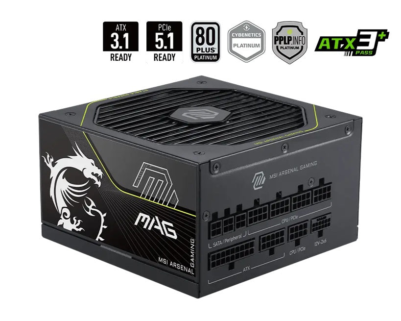 MSI MAG A1000PLS PCIE5, 1000W, 80 PLUS Platinum, Fully Modular, ATX, Native 12V-2x6 PCIe 5.1, 135mm FDB Fan, RTX 50 Series Ready - Image 1