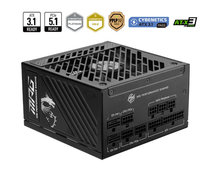 MSI MAG A1250GS PCIE5 ATX Power Supply Unit, 80 PLUS Gold, Fully modular flat cables, 0 RPM Mode, Active PFC design