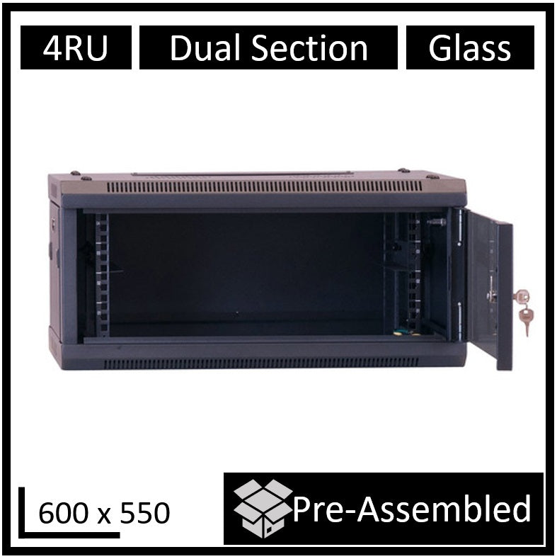 LDR Assembled 4U Hinged Wall Mount Cabinet (600mm x 550mm) Glass Door - Black Metal Construction - Top Fan Vents - Side Access Panels - Image 2