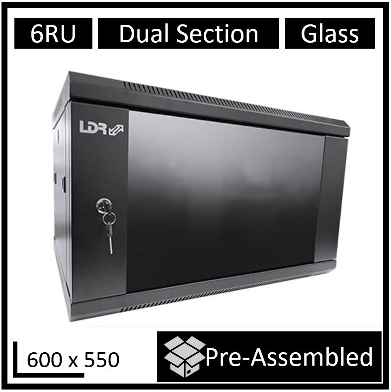 LDR Assembled 6U Hinged Wall Mount Cabinet (600mm x 550mm) Glass Door - Black Metal Construction - Top Fan Vents - Side Access Panels - Image 1