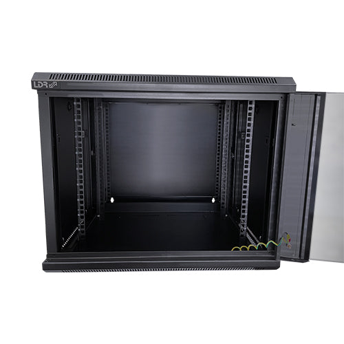 LDR Assembled 9U Hinged Wall Mount Cabinet (600mm x 550mm) Glass Door - Black Metal Construction - Top Fan Vents - Side Access Panels - Image 2