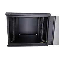 LDR Assembled 9U Hinged Wall Mount Cabinet (600mm x 550mm) Glass Door - Black Metal Construction - Top Fan Vents - Side Access Panels - Image 2