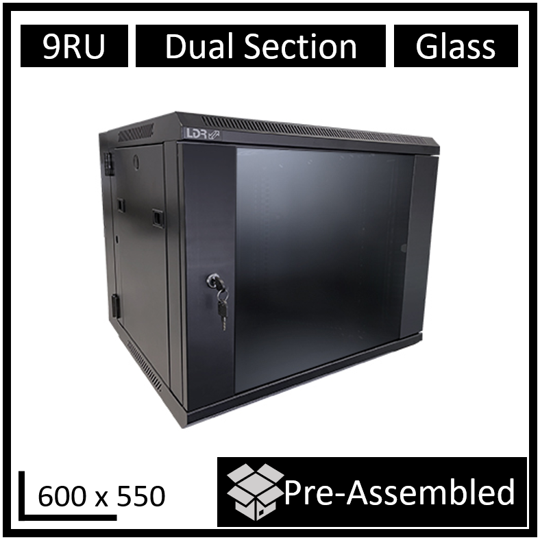 LDR Assembled 9U Hinged Wall Mount Cabinet (600mm x 550mm) Glass Door - Black Metal Construction - Top Fan Vents - Side Access Panels - Image 1