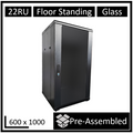 LDR Assembled 22U Server Rack Cabinet (L600mm x W1000mm x H1070mm), Glass Door,1x 8-Port PDU, 1x 4-Way Fan, 2x Fixed Shelves -Black Metal Construction - Image 1