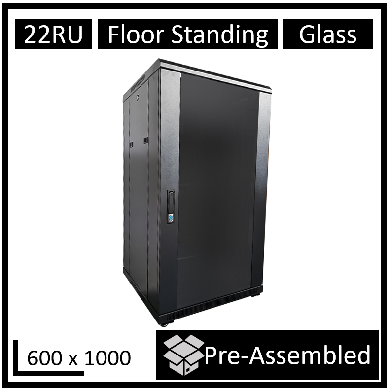LDR Assembled 22U Server Rack Cabinet (L600mm x W1000mm x H1070mm), Glass Door,1x 8-Port PDU, 1x 4-Way Fan, 2x Fixed Shelves -Black Metal Construction - Image 5