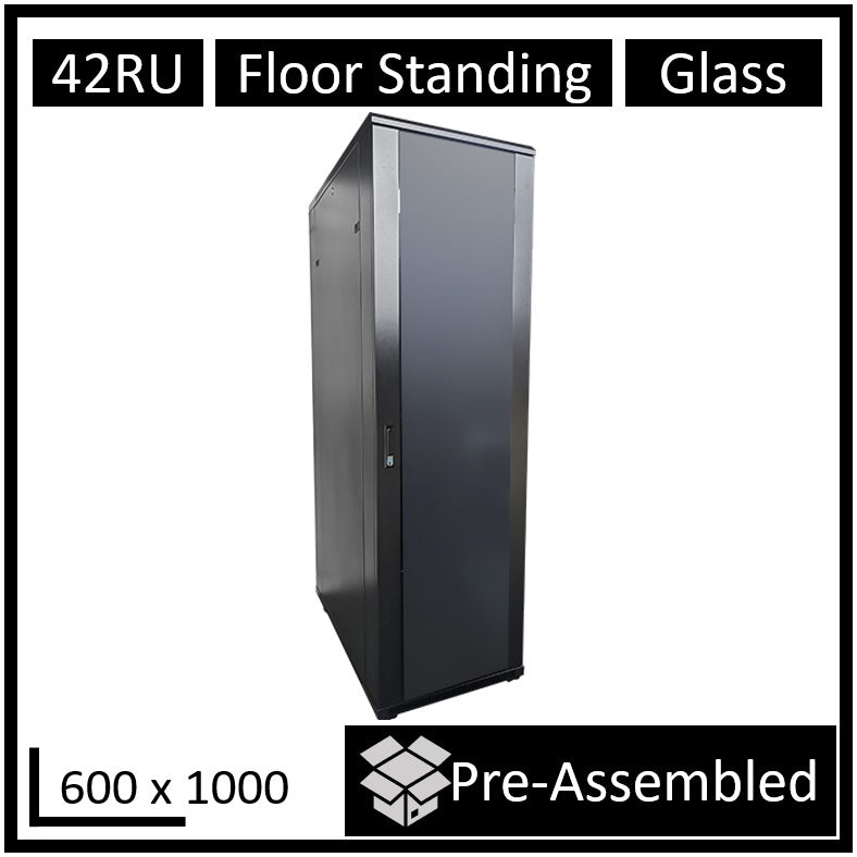 LDR Assembled 42U Server Rack Cabinet (600mm x 1000mm) Glass Door, 1x 8-Port PDU, 1x 4-Way Fan, 2x Fixed Shelves - Black Metal Construction - Image 1