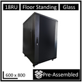 LDR Assembled 18U Server Rack Cabinet (600mm x 800mm) Glass Door, 1x 8-Port PDU, 1x 4-Way Fan, 2x Fixed Shelves - Black Metal Construction - Image 1