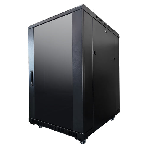 LDR Assembled 18U Server Rack Cabinet (600mm x 800mm) Glass Door, 1x 8-Port PDU, 1x 4-Way Fan, 2x Fixed Shelves - Black Metal Construction - Image 2