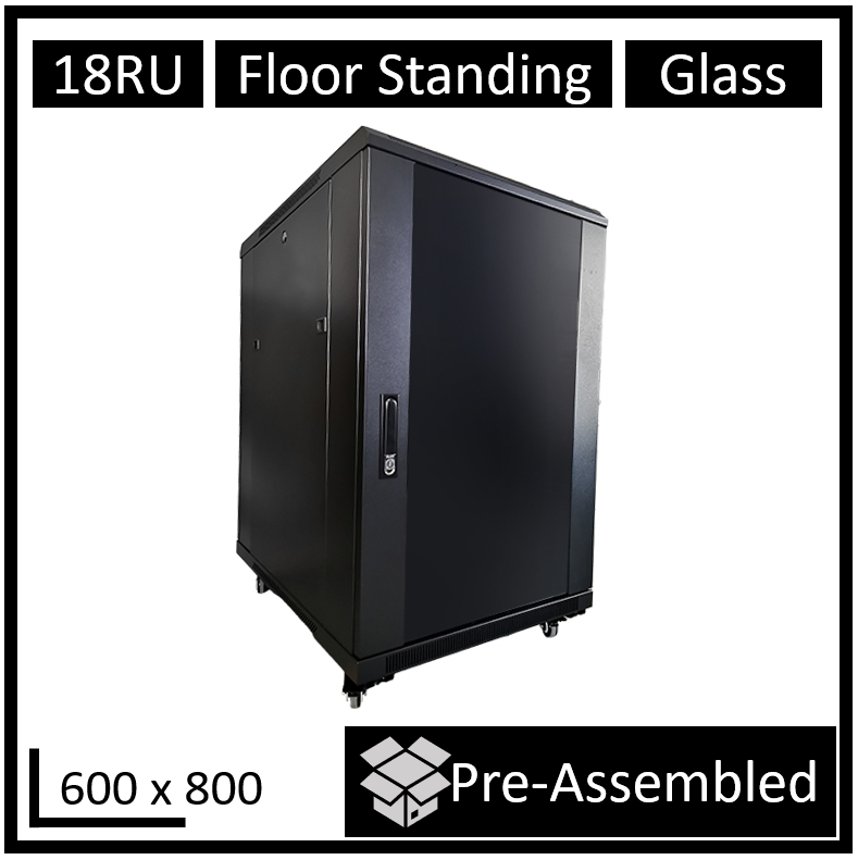 LDR Assembled 18U Server Rack Cabinet (600mm x 800mm) Glass Door, 1x 8-Port PDU, 1x 4-Way Fan, 2x Fixed Shelves - Black Metal Construction - Image 1