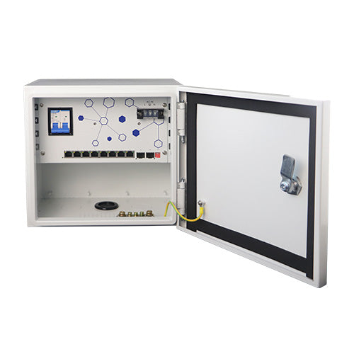 LDR Outdoor Hub, PoE Switch, Waterproof Box, IP55, Max POE 30W, 8 Port PoE, 2 SFP Ports, AC220V Main Power Input,120W DC52V, 260x280x220mm, White - Image 1
