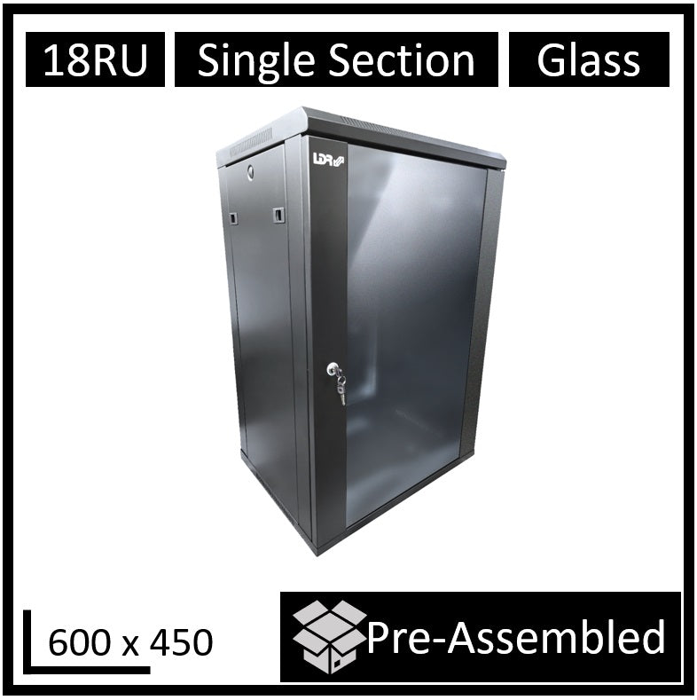 LDR Assembled 18U Wall Mount Cabinet (600mm x 450mm) Glass Door - Black Metal Construction - Top Fan Vents - Side Access Panels - Image 1